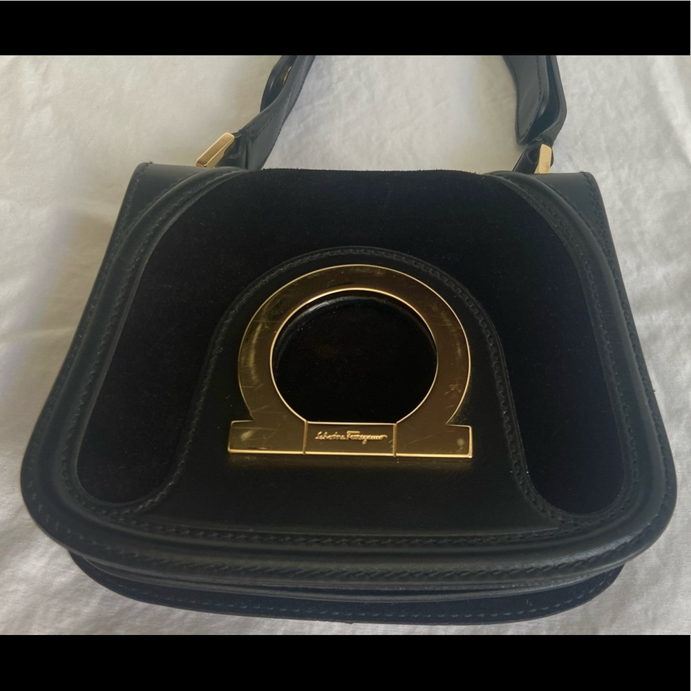 Salvatore Ferragamo Black Suede Shoulder Bag Purse